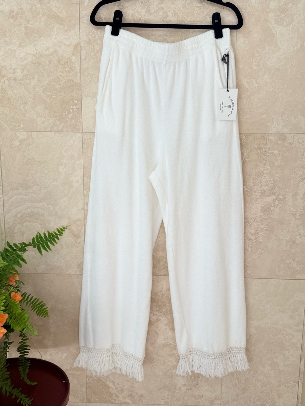 Electric & Rose White Ibiza Fringe Terry Lounge pants Medium NWT